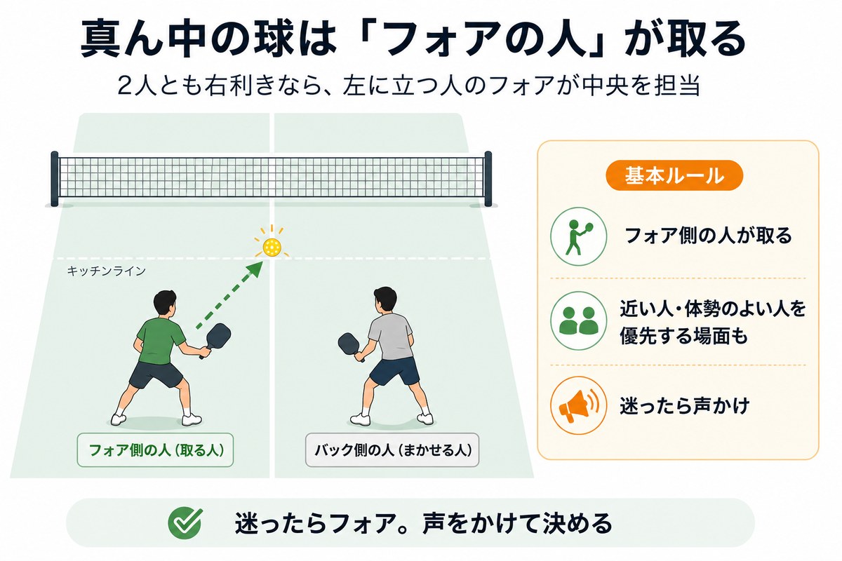 真ん中の球はフォアの人が取る図。2人とも右利きなら、左に立つ人のフォアが中央を担当するのでその人が取り、右の人はまかせる。基本ルールはフォア側の人が取る・近い人や体勢のよい人を優先する場面も・迷ったら声かけ