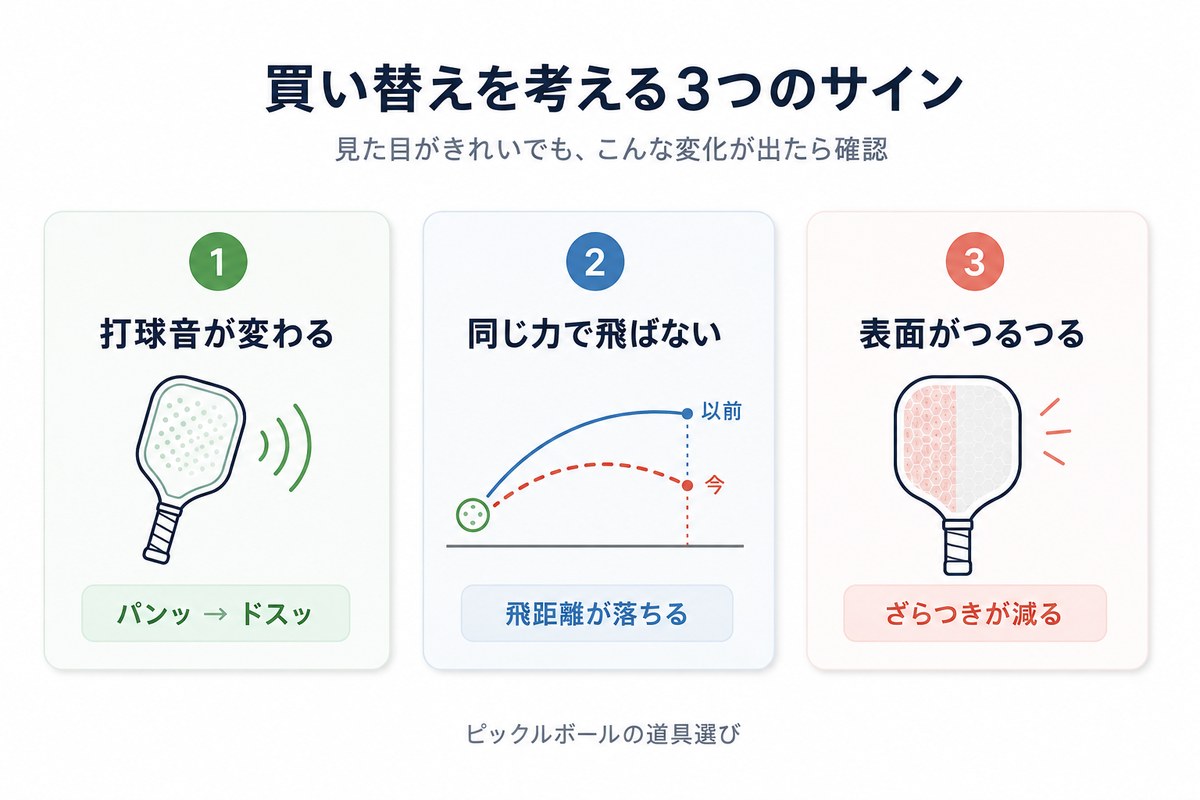 買い替えを考える3つのサイン。1.打球音が変わる（パンッ→ドスッ）。2.同じ力で飛ばない（以前より飛距離が落ちる）。3.表面がつるつる（ざらつきが減る）